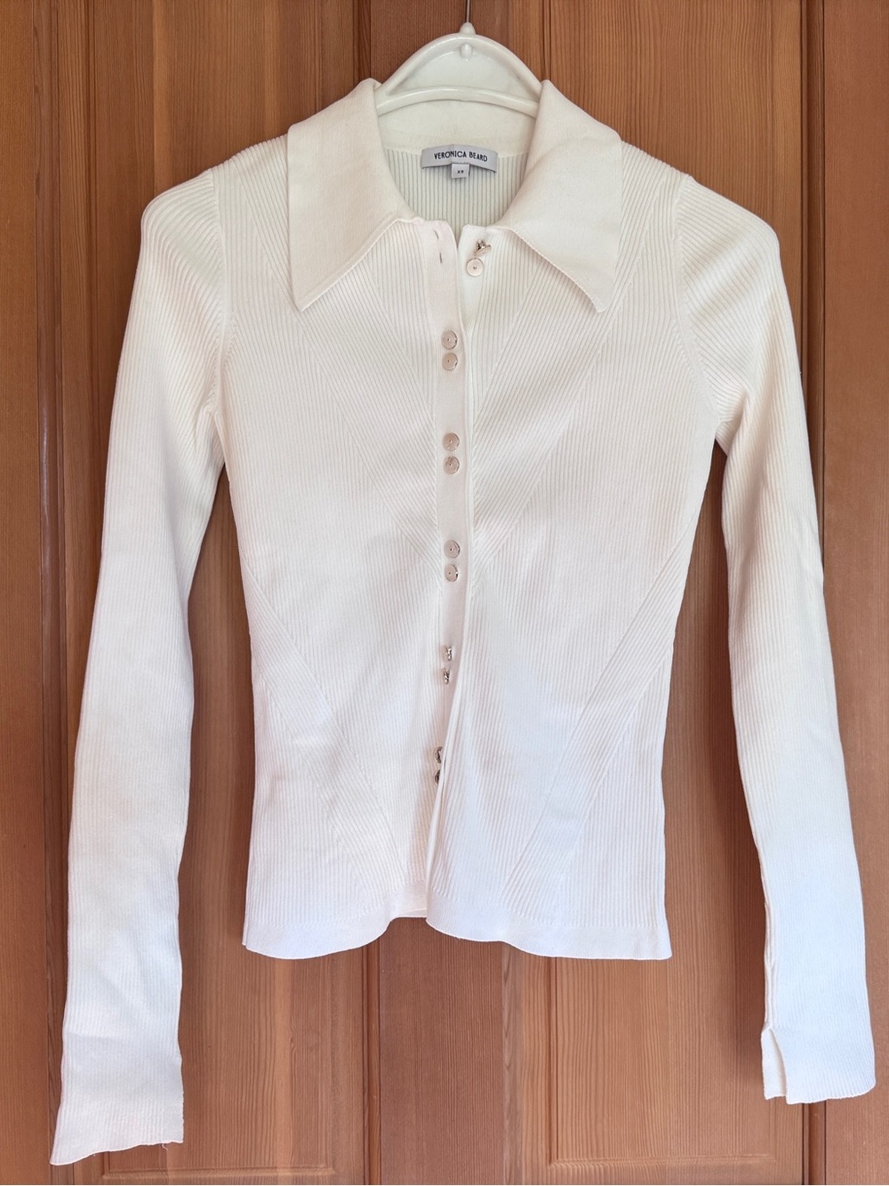Veronica Beard Cream Ribbed Button-Up Top - XS